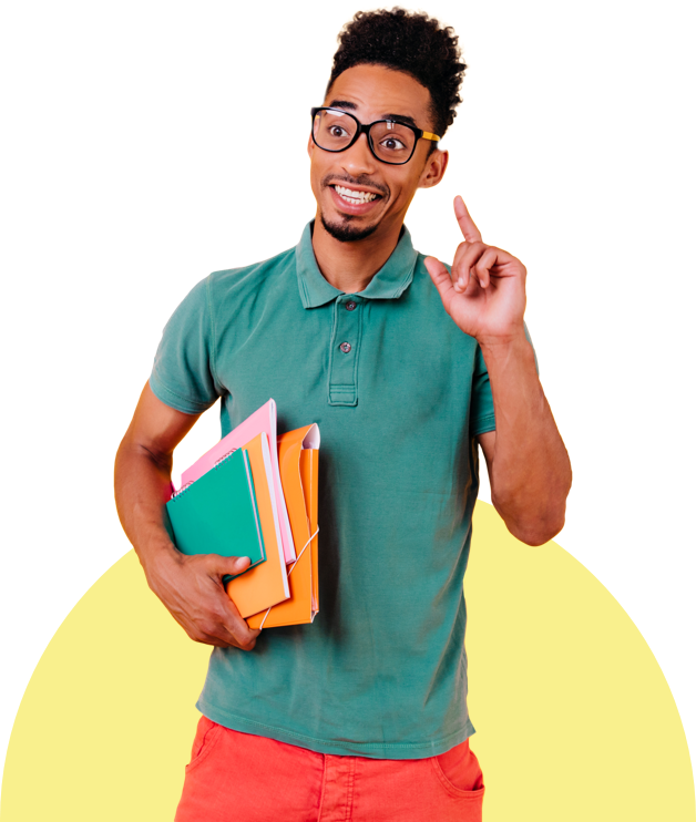 a man holding books and pointing up